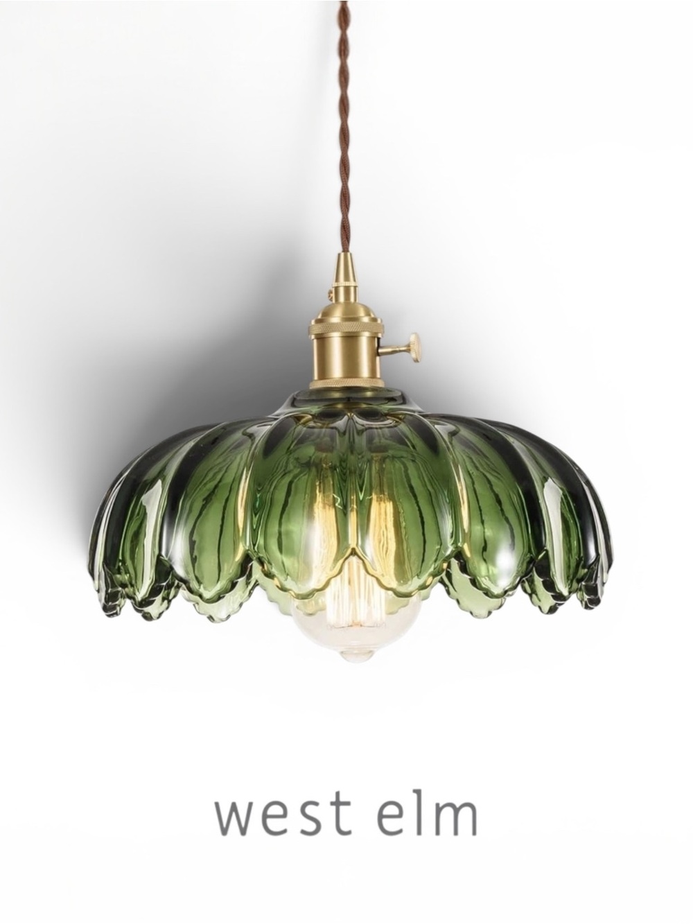NEW West Elm Vintage Green Retro Glass Hanging Gold Floral Pendant Light Fixture - Picture 4 of 12